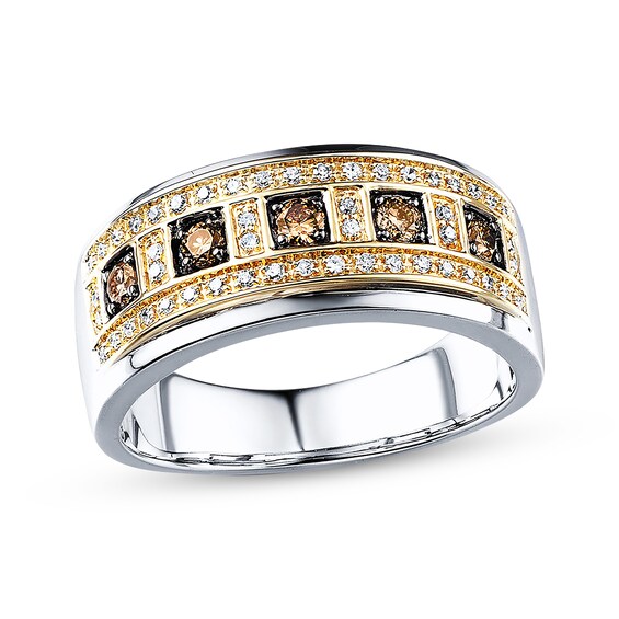 Previously Owned Men's Brown/White Diamond Wedding Band 1/2 ct tw Round-cut 10K Two-Tone Gold Size 7