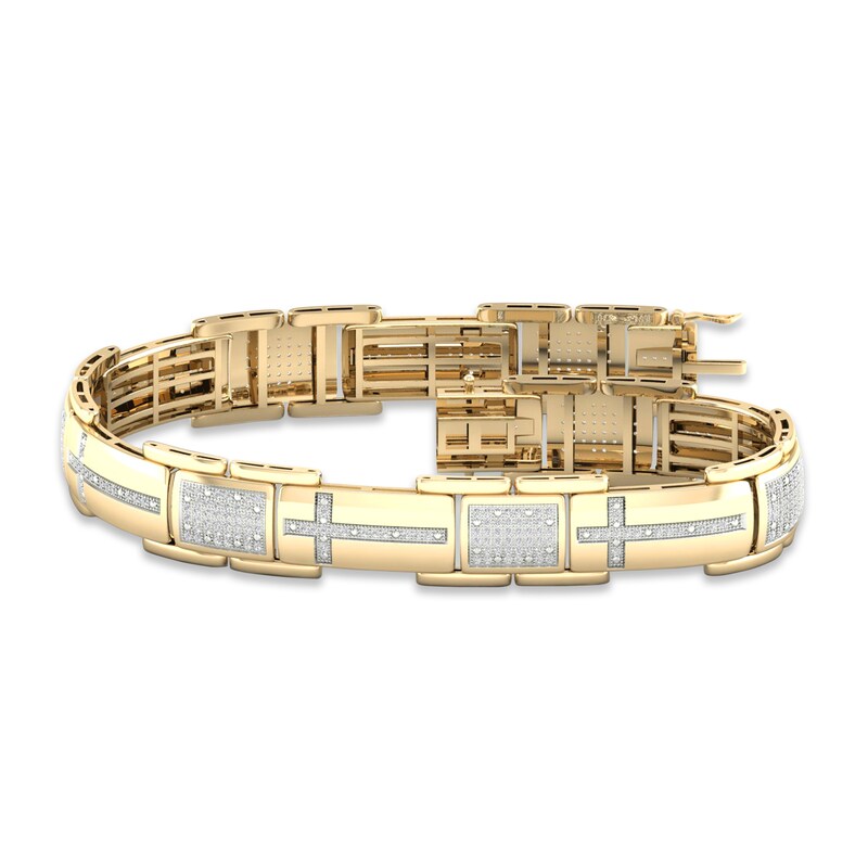 Main Image 1 of Previously Owned Men's Diamond Cross Bracelet 1 ct tw Baguette & Round-cut 10K Yellow Gold 8.5&quot;