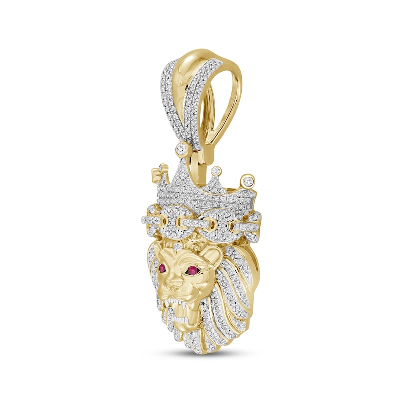 Previously Owned Men's Diamond and Lab-Created Ruby Lion Head Pendant 3/4 ct tw 10K Yellow Gold