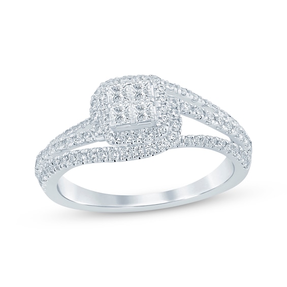 Princess & Round-Cut Multi-Diamond Center Engagement Ring 3/4 ct tw 14K White Gold
