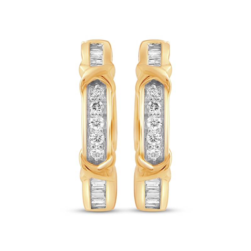 Previously Owned Diamond Hoop Earrings 1/4 ct tw Round/Baguette 10K Yellow Gold