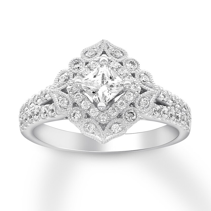 Main Image 1 of Previously Owned Diamond Engagement Ring 1 ct tw Princess/Round 14K White Gold