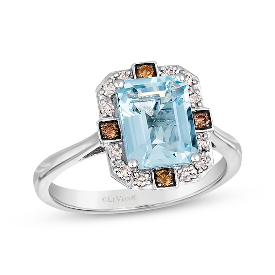 Previously Owned Le Vian Emerald-Cut Aquamarine Ring 1/6 ct tw Diamonds 14K Vanilla Gold
