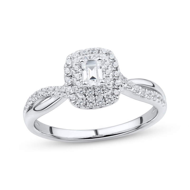 Main Image 1 of Previously Owned Diamond Engagement Ring 1/2 ct tw Emerald & Round-cut 14K White Gold