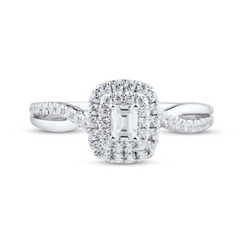 Main Image 3 of Previously Owned Diamond Engagement Ring 1/2 ct tw Emerald & Round-cut 14K White Gold