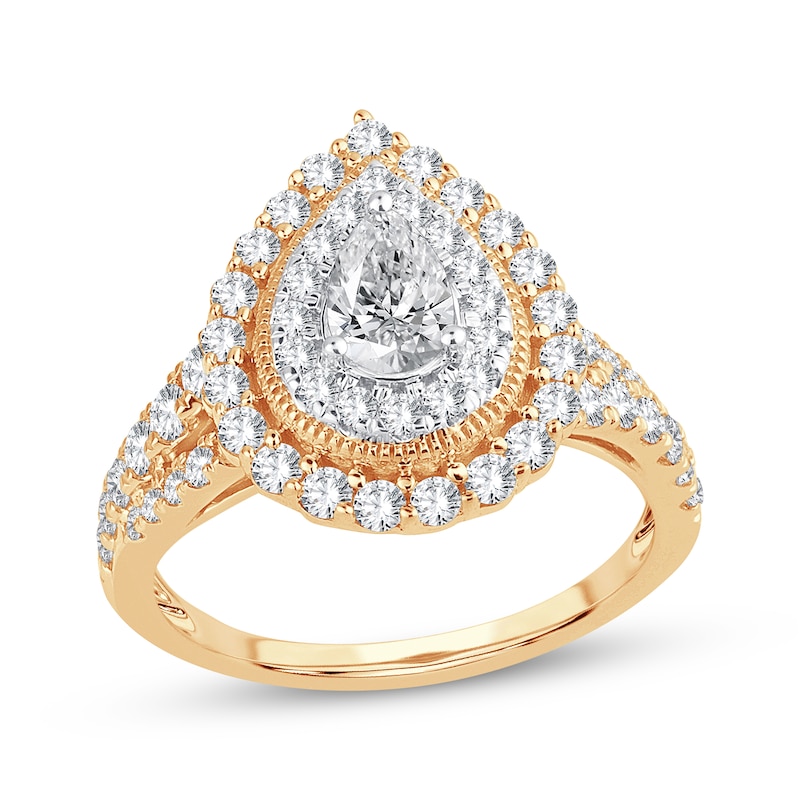 Main Image 1 of Pear-Shaped Diamond Double Halo Engagement Ring 1-1/2 ct tw 14K Yellow Gold