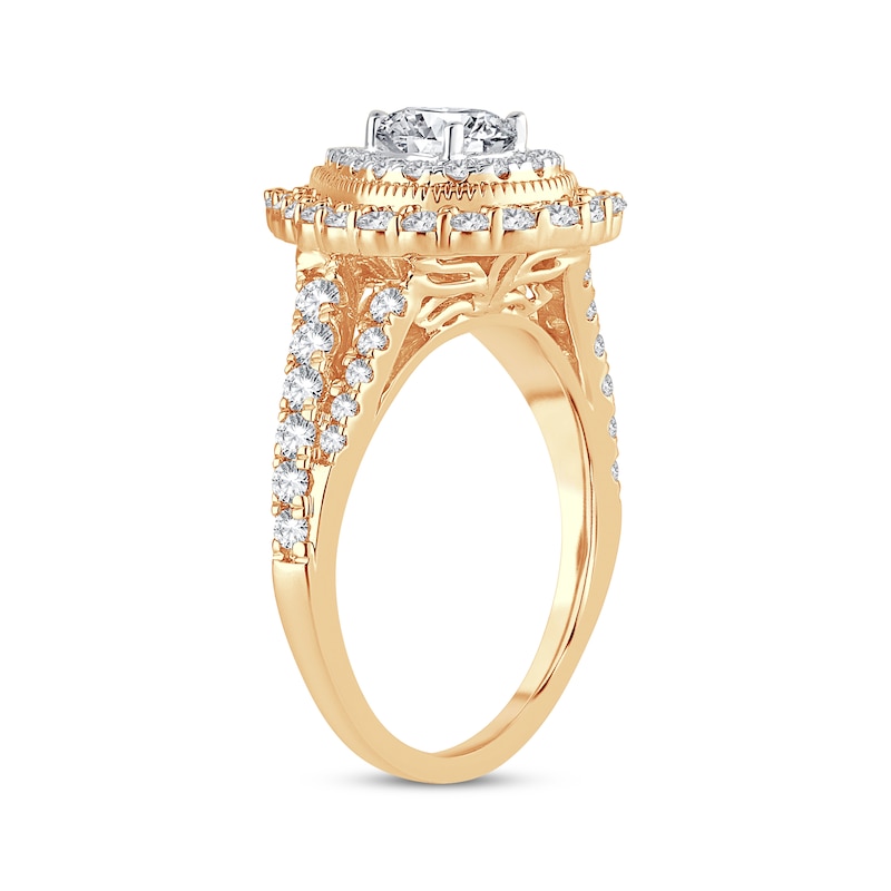 Main Image 2 of Pear-Shaped Diamond Double Halo Engagement Ring 1-1/2 ct tw 14K Yellow Gold