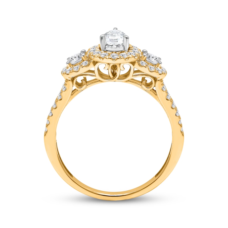 Main Image 2 of Memories Moments Magic Pear-Shaped Diamond Three-Stone Engagement Ring 1 ct tw 14K Yellow Gold