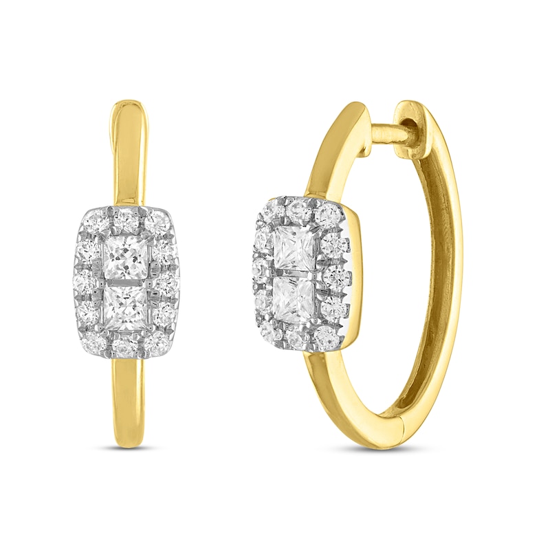 Main Image 1 of Previously Owned Forever Connected Diamond Hoop Earrings 3/8 ct tw Princess & Round-cut 10K Yellow Gold