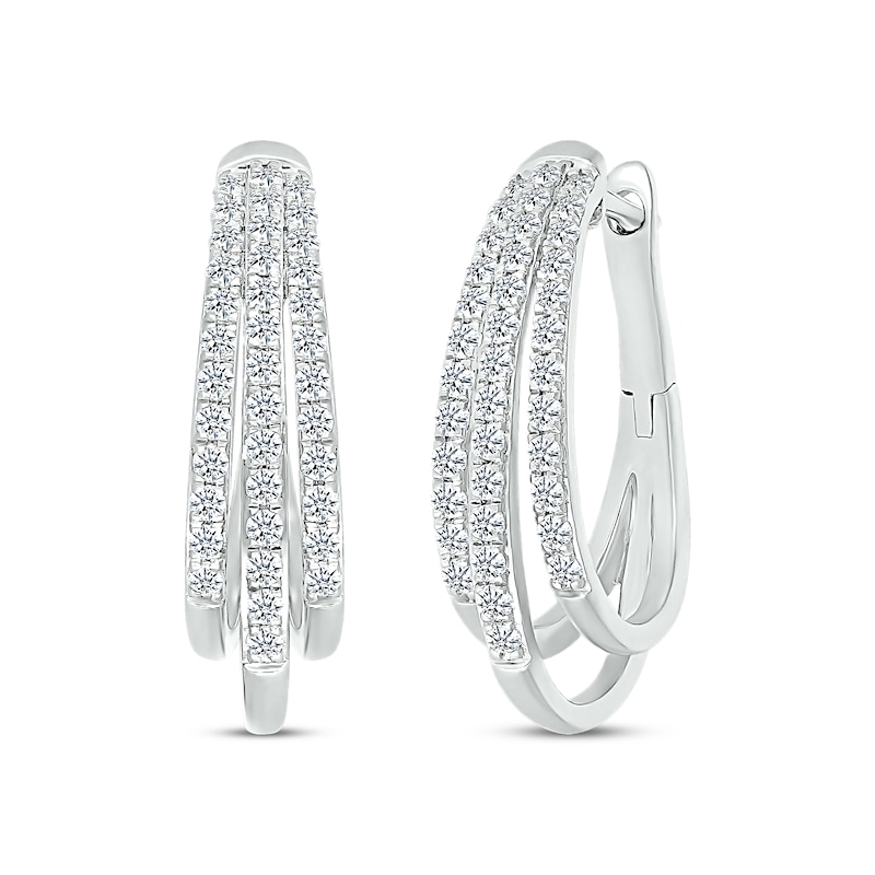 Previously Owned Diamond Three-Row Pave Hoop Earrings 1 ct tw Round-cut 10K White Gold