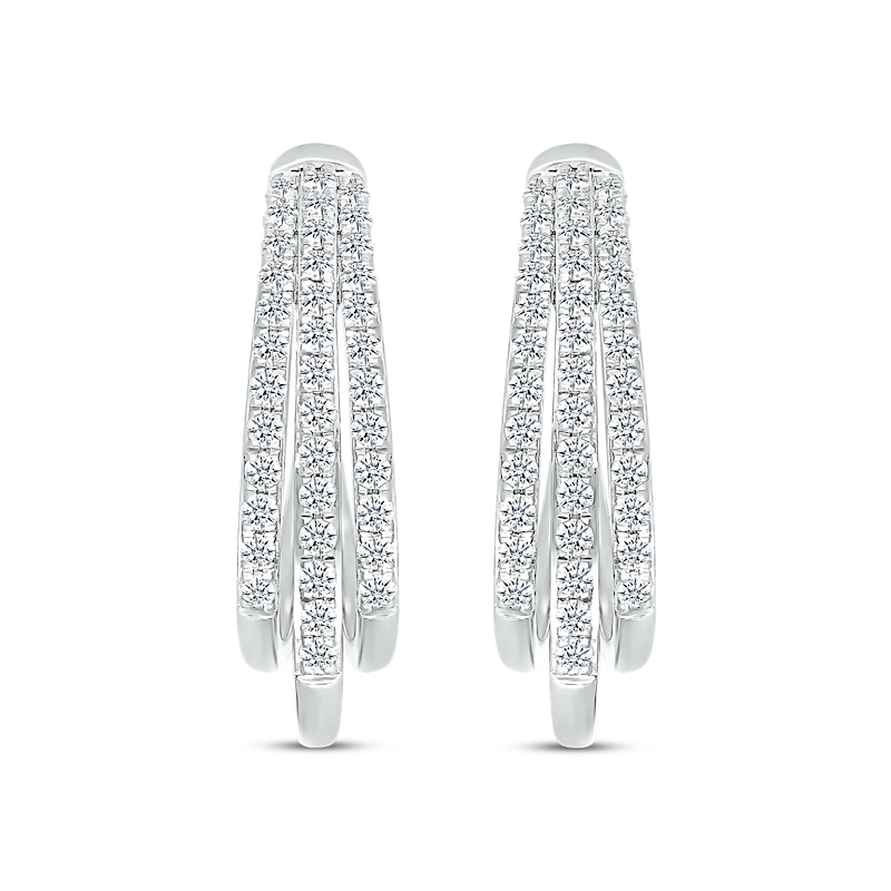 Previously Owned Diamond Three-Row Pave Hoop Earrings 1 ct tw Round-cut 10K White Gold