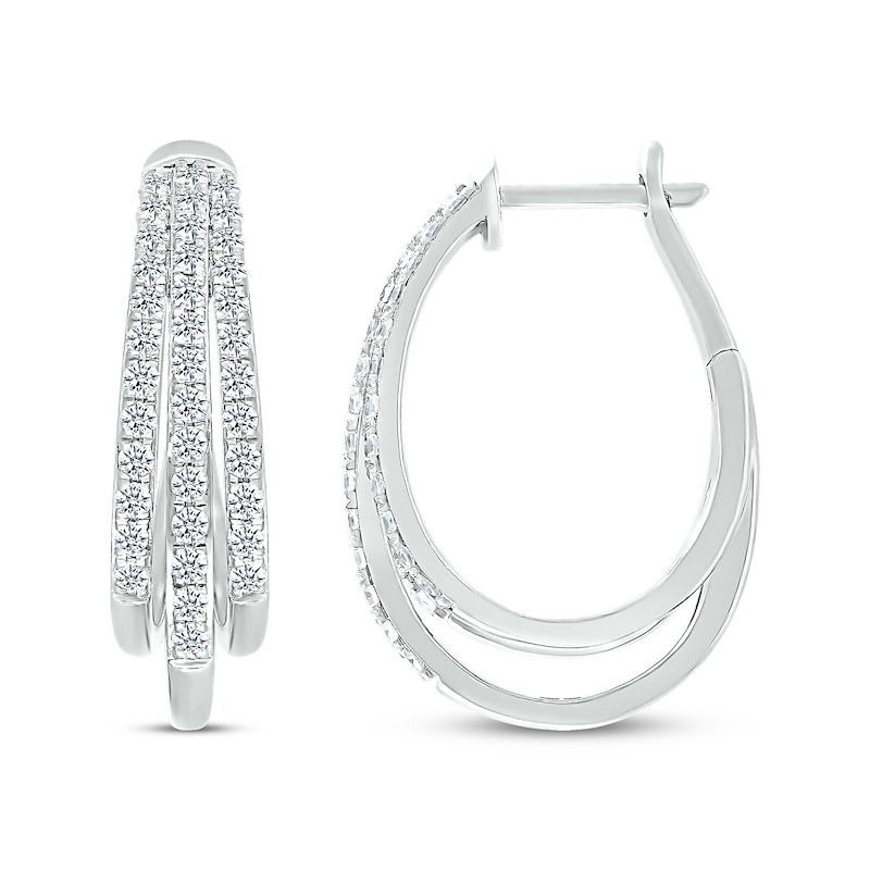 Previously Owned Diamond Three-Row Pave Hoop Earrings 1 ct tw Round-cut 10K White Gold