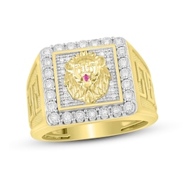 Previously Owned Men's Diamond & Lab-Created Ruby Lion Ring 1/4 ct tw 10K Yellow Gold