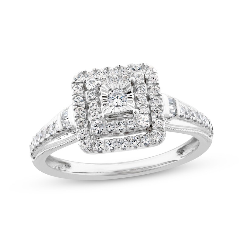 Main Image 1 of Previously Owned Diamond Engagement Ring 3/8 ct tw Round & Baguette-cut 10K White Gold