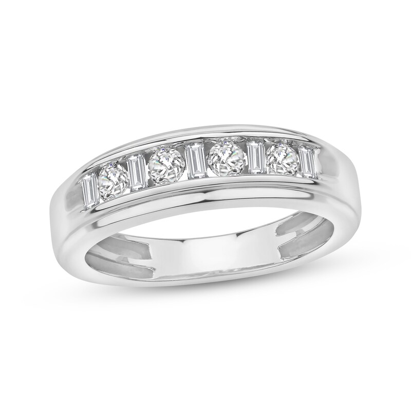 Main Image 1 of Previously Owned Men's Diamond Wedding Band 5/8 ct tw Round & Baguette-cut 10K White Gold