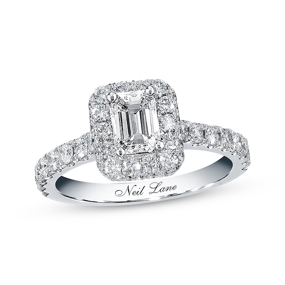 Previously Owned Neil Lane Diamond Engagement Ring 1-3/8 ct tw Emerald & Round-cut 14K White Gold Size