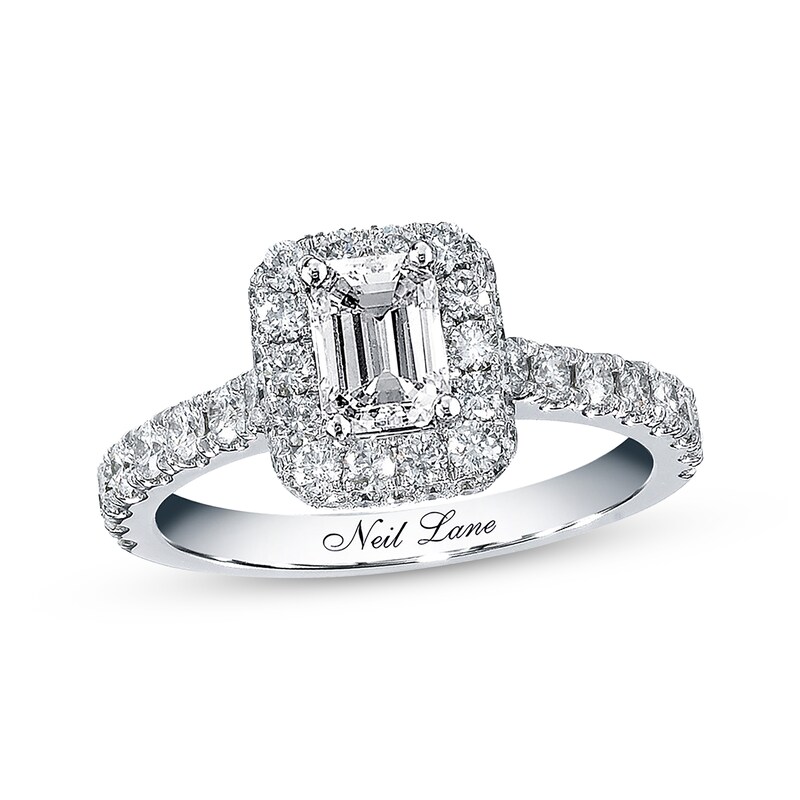Main Image 1 of Previously Owned Neil Lane Diamond Engagement Ring 1-3/8 ct tw Emerald & Round-cut 14K White Gold - Size 7