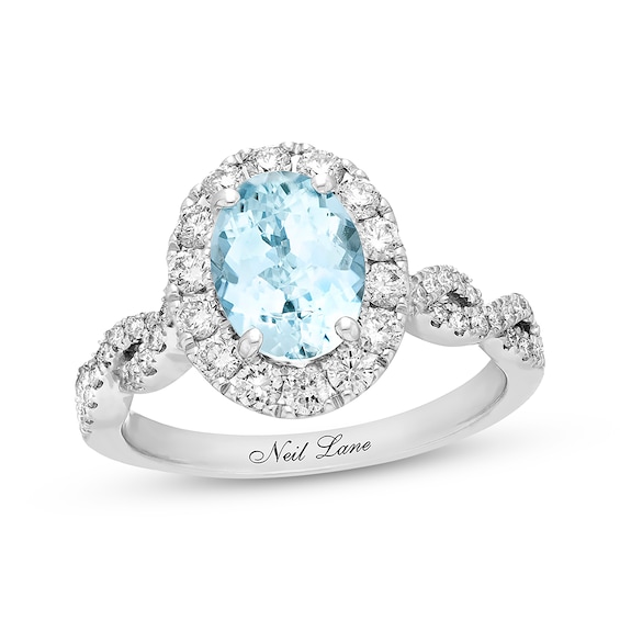 Previously Owned Neil Lane Aquamarine Engagement Ring 3/4 ct tw Round-cut Diamonds 14K White Gold Size 4
