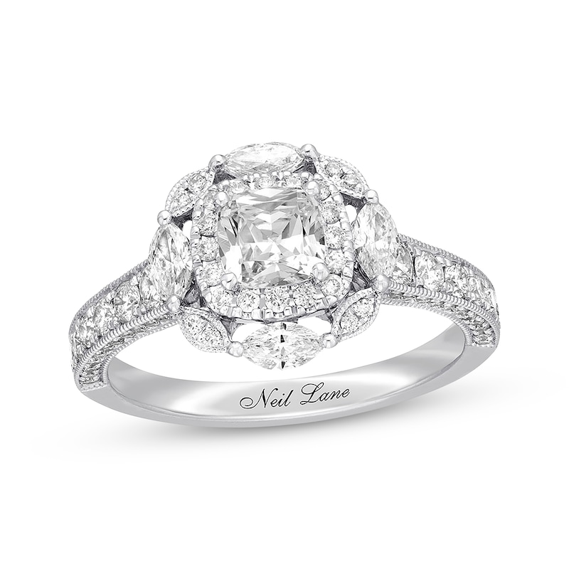 Previously Owned Neil Lane Diamond Engagement Ring 1-5/8 ct tw Cushion, Marquise & Round-cut 14K White Gold - Size 4