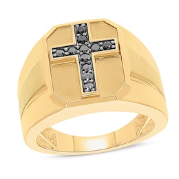 Previously Owned Men's Black Diamond Cross Ring 1/4 ct tw Round-cut 10K Yellow Gold