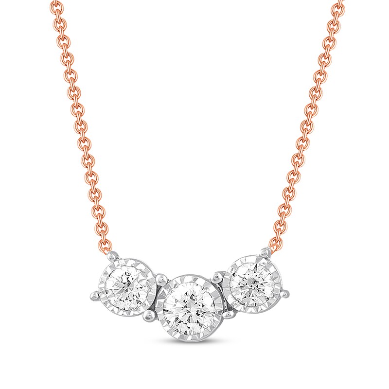 Main Image 1 of Previously Owned Three-Stone Diamond Necklace 1/4 ct tw Round-cut 10K Rose Gold 18&quot;