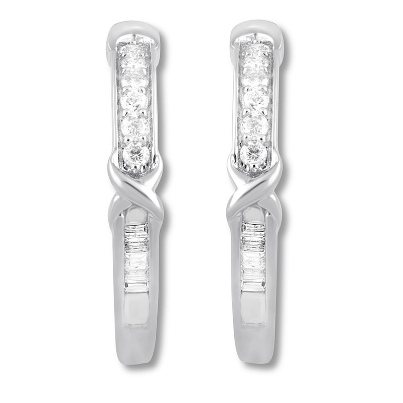 Main Image 1 of Previously Owned Diamond Hoop Earrings 1/2 ct tw Round & Baguette 10K White Gold