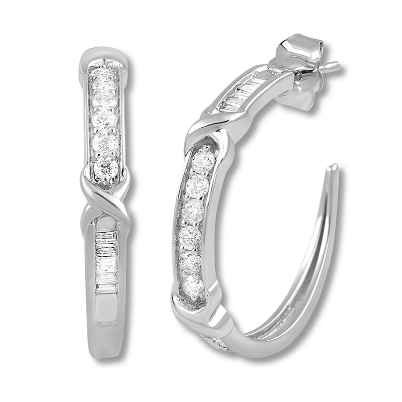 Main Image 2 of Previously Owned Diamond Hoop Earrings 1/2 ct tw Round & Baguette 10K White Gold
