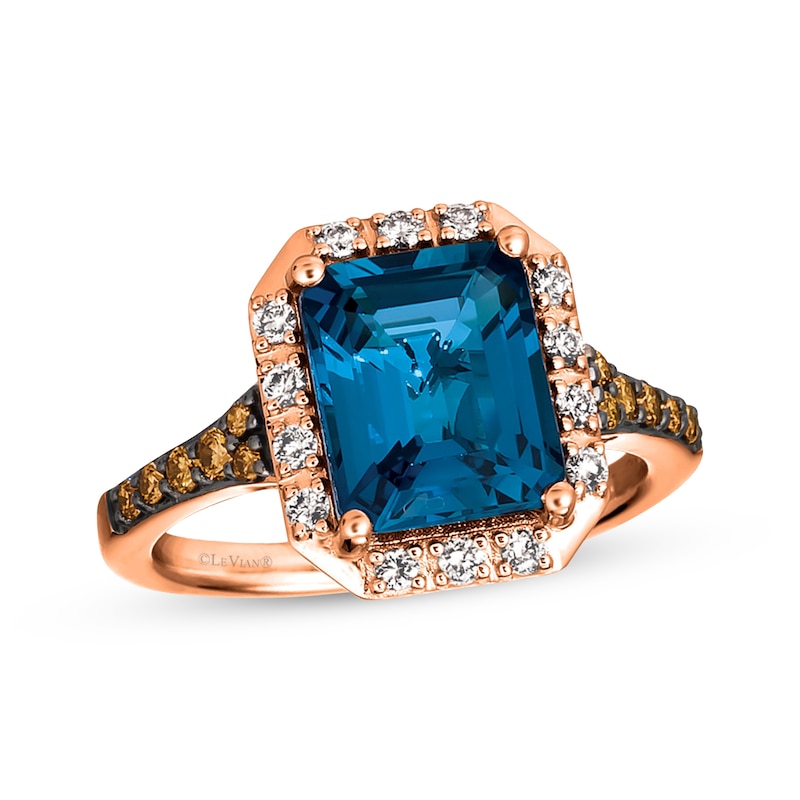 Main Image 1 of Previously Owned Le Vian Blue Topaz Ring 1/3 ct tw Diamonds 14K Strawberry Gold