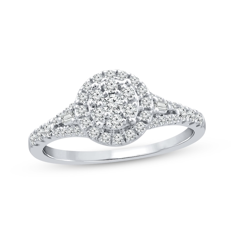Main Image 1 of Previously Owned Multi-Diamond Engagement Ring 1/2 ct tw Round & Baguette 10K White Gold