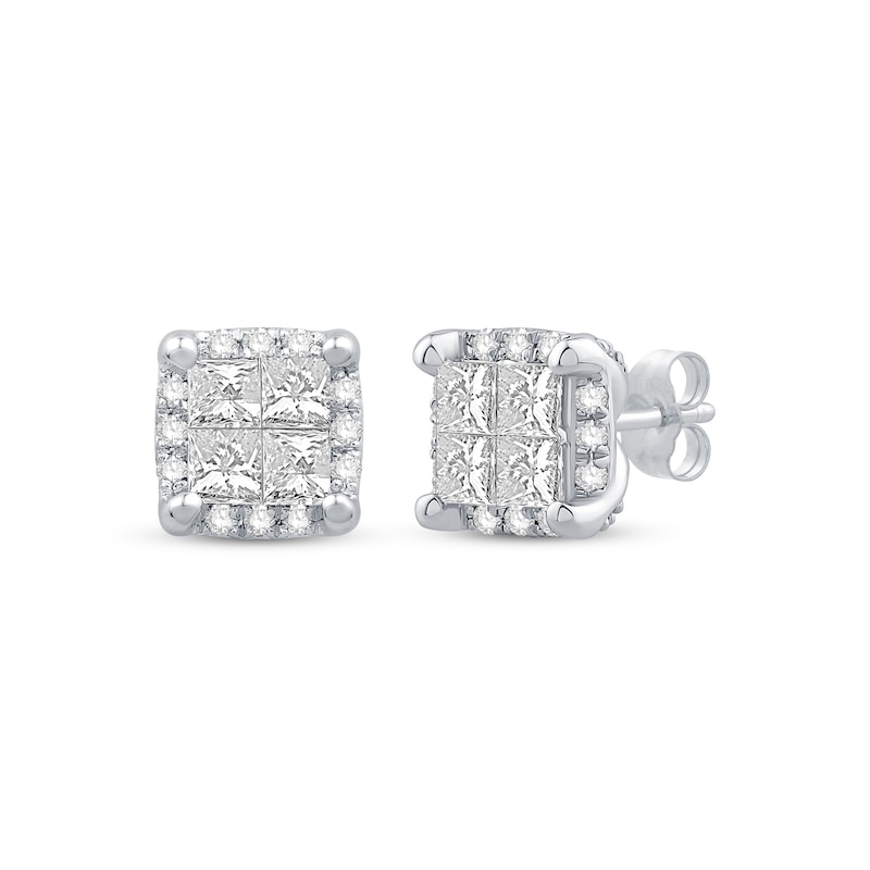 Main Image 1 of Princess-Cut Quad Diamond Stud Earrings 1 ct tw 10K White Gold