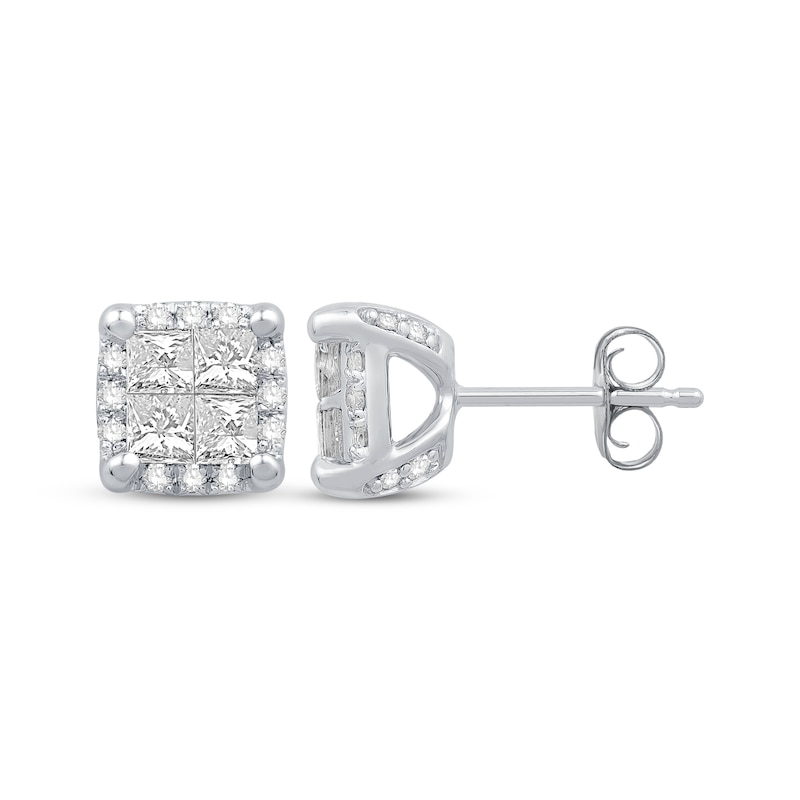 Main Image 3 of Princess-Cut Quad Diamond Stud Earrings 1 ct tw 10K White Gold