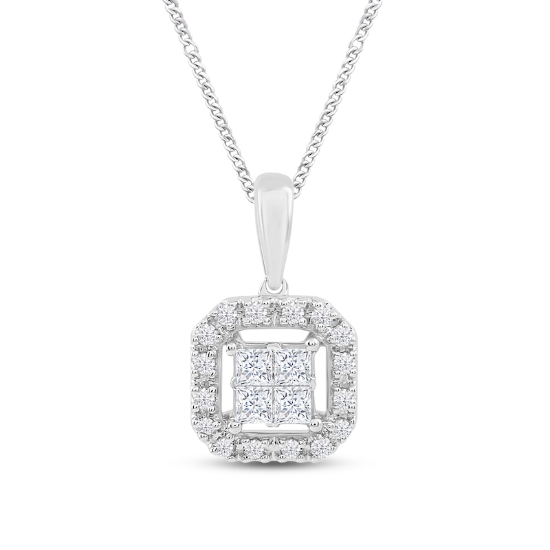 Main Image 1 of Previously Owned Diamond Halo Necklace 1/4 ct tw Princess & Round 10K White Gold 19"