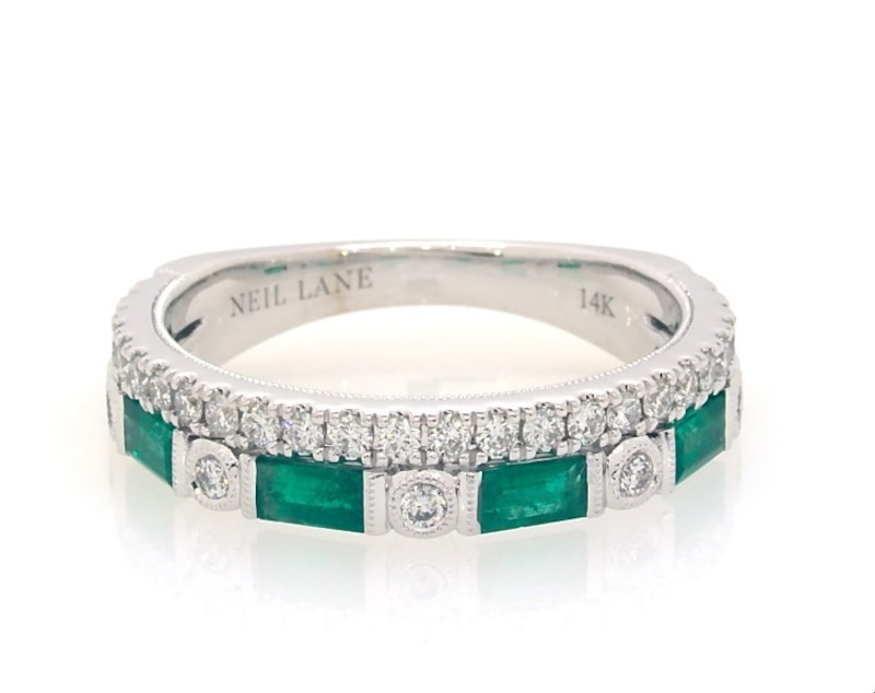 Main Image 1 of Previously Owned Neil Lane Baguette-Cut Emerald & Round-Cut Diamond Anniversary Ring 3/8 ct tw 14K White Gold