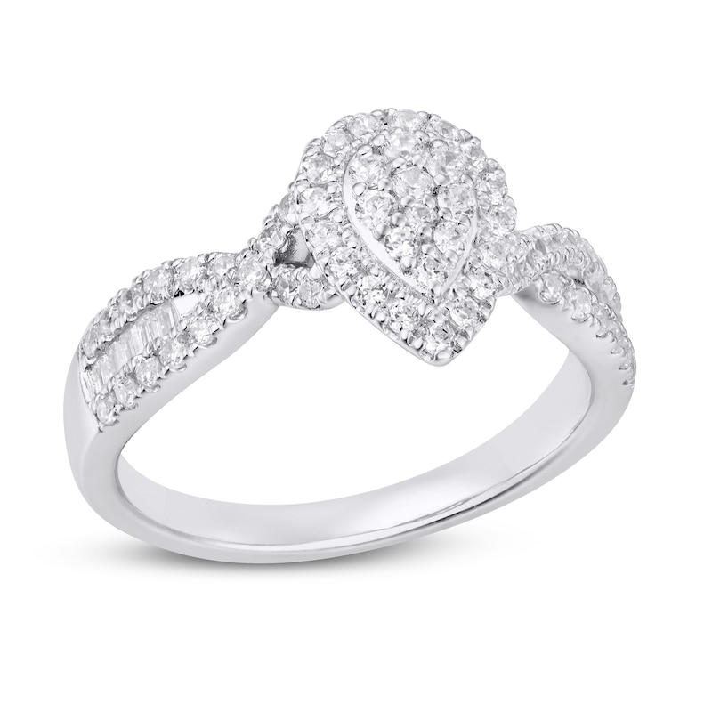 Main Image 1 of Previously Owned Multi-Diamond Engagement Ring 5/8 ct tw Round & Baguette 14K White Gold