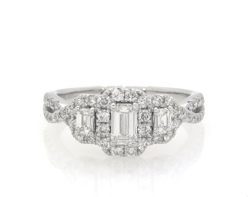 Main Image 1 of Previously Owned Three-Stone Diamond Engagement Ring 1 ct tw Emerald/Round 14K White Gold