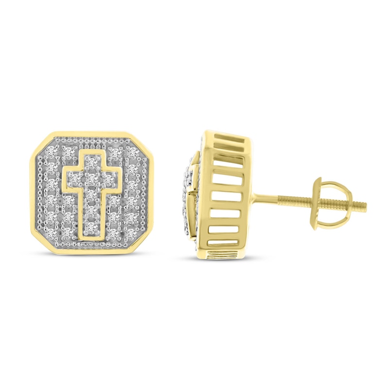 Main Image 2 of Previously Owned Men's Diamond Cross Stud Earrings 1/4 ct tw Round-cut 10K Yellow Gold