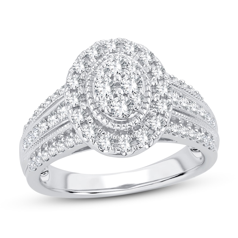 Main Image 1 of Previously Owned Multi-Diamond Oval Halo Engagement Ring 1 ct tw 10K White Gold