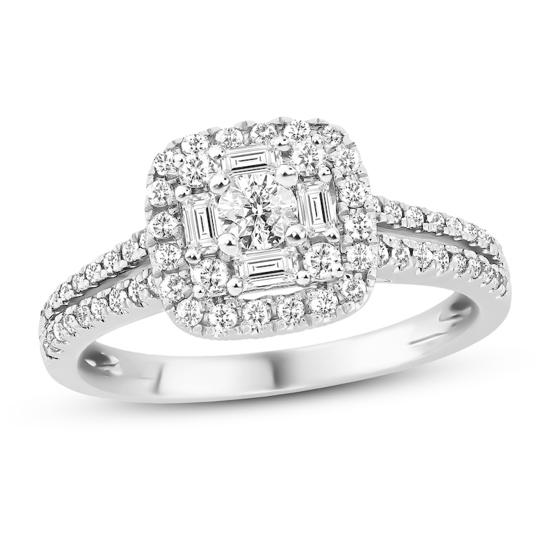 Main Image 1 of Previously Owned Diamond Engagement Ring 5/8 ct tw Round & Baguette-cut 14K White Gold