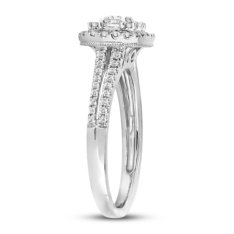 Main Image 2 of Previously Owned Diamond Engagement Ring 5/8 ct tw Round & Baguette-cut 14K White Gold