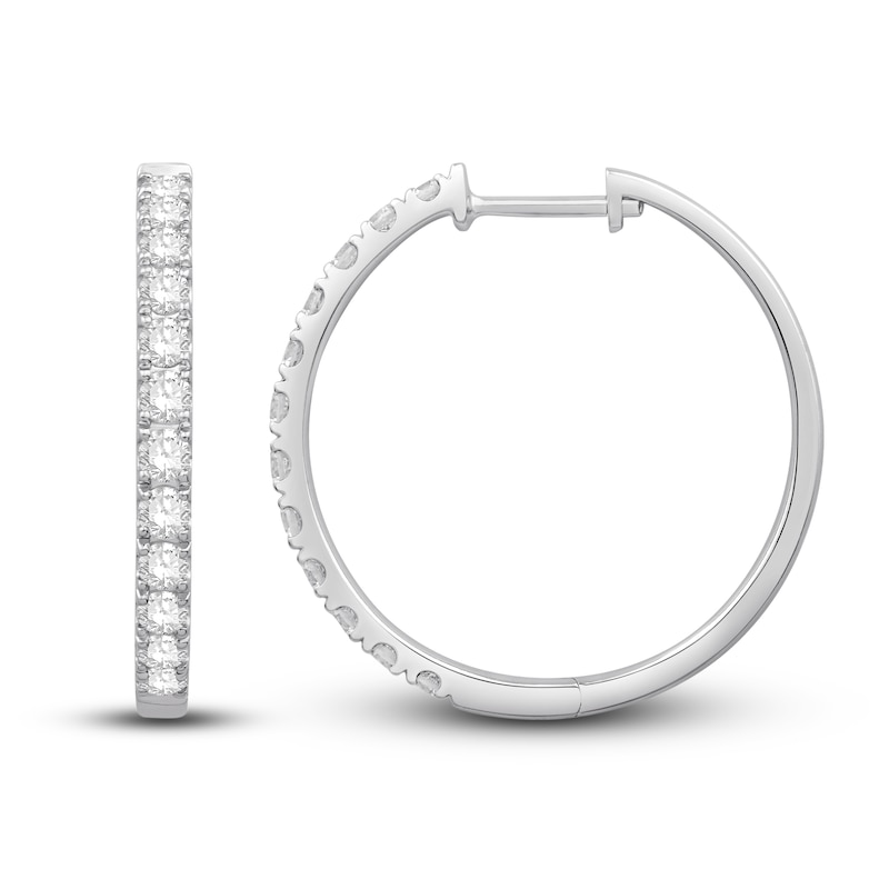 Main Image 2 of Previously Owned Diamond Hoop Earrings 1 ct tw Round-Cut 10K White Gold