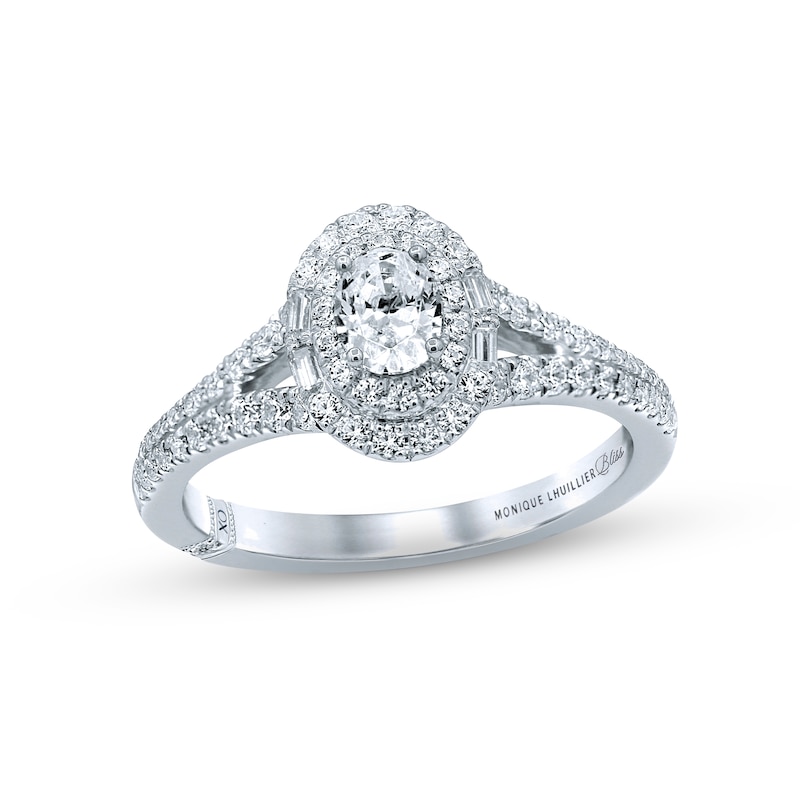 Previously Owned Monique Lhuillier Bliss Diamond Engagement Ring 3/4 ct tw Oval, Baguette & Round-cut 18K White Gold