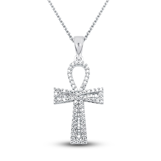 Previously Owned Diamond Ankh Necklace 1/4 ct tw Round & Baguette 10K White Gold 18"