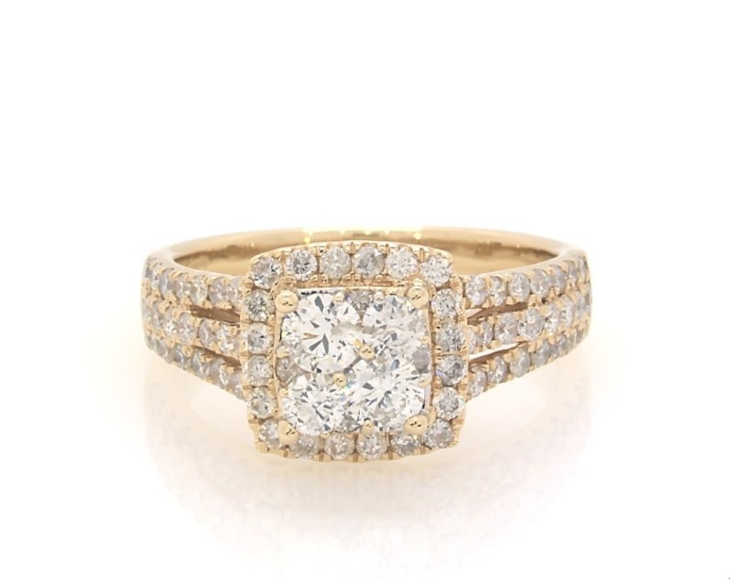 Main Image 1 of Previously Owned Round-Cut Diamond Cushion Halo Engagement Ring 1-1/3 ct tw 14K Yellow Gold