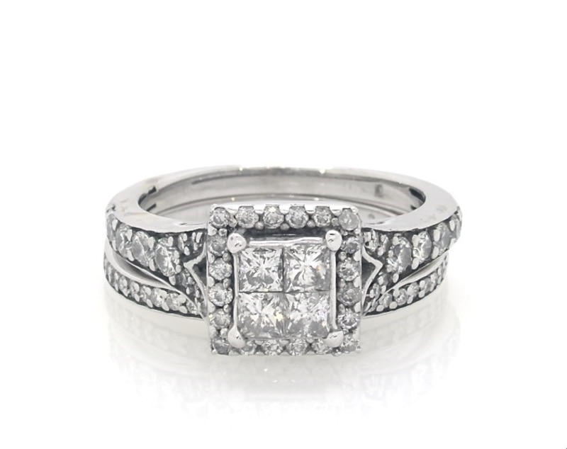 Main Image 1 of Previously Owned Princess-Cut Quad Diamond Bridal Set 1 ct tw 14K White Gold