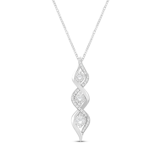 Previously Owned Memories Moments Magic Three-Stone Diamond Necklace 1/6 ct tw Round-Cut 10K White Gold 19"