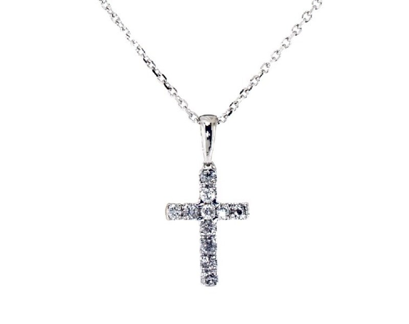 Main Image 1 of Previously Owned Diamond Cross Necklace 1/5 ct tw Round-cut 10K White Gold