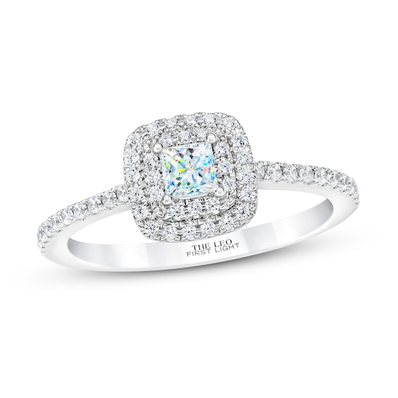 Previously Owned THE LEO First Light Diamond Engagement Ring 1/2 ct tw Princess/Round 14K White Gold