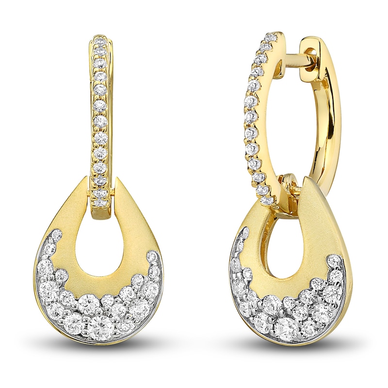 Main Image 1 of Previously Owned Diamond Pear Hoop Dangle Earrings 3/4 ct tw Round-cut 10K Yellow Gold