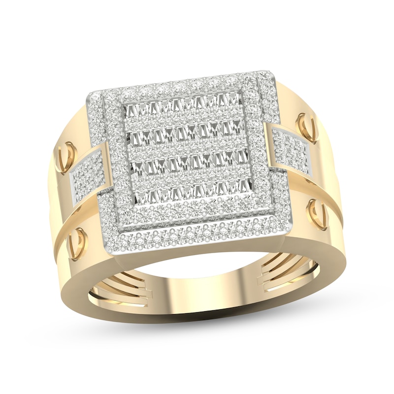 Main Image 1 of Previously Owned Men's Multi-Diamond Center Square Ring 1 ct tw Round & Baguette-cut 10K Yellow Gold