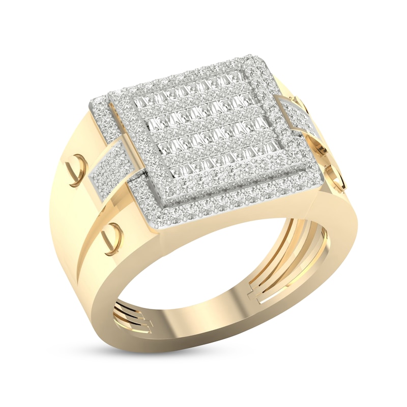 Main Image 2 of Previously Owned Men's Multi-Diamond Center Square Ring 1 ct tw Round & Baguette-cut 10K Yellow Gold